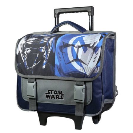 Un cartable à roulettes gris et bleu de Star Wars avec un visuel de Stormtrooper et le logo officiel.